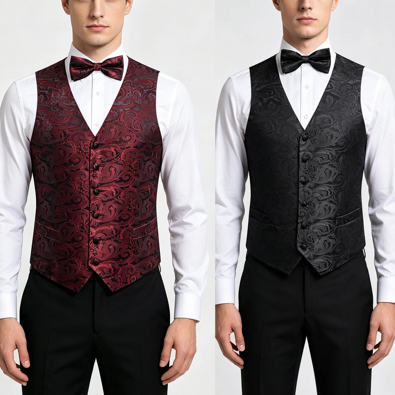 

Black Wine Red Paiserey Mens Vest Wedding Waistcoat Pocket Square Tie Cufflinks Suit Set Party