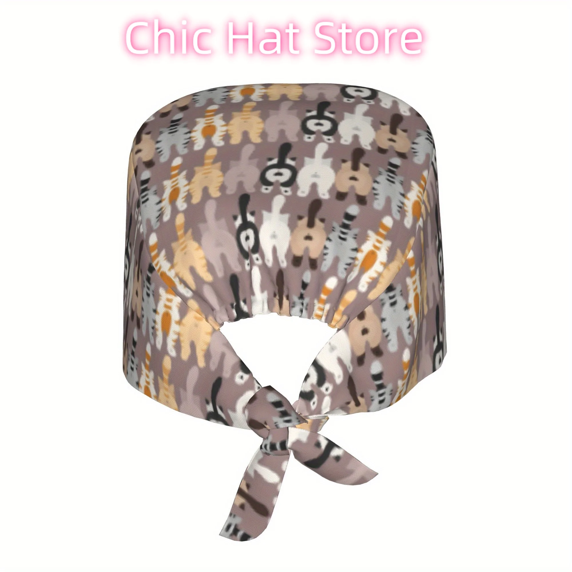 1pc Cat Unisex Stylish Printed Work Cap - Lightweight Adjustable Skull Cap Tie-Back Nurse Hat, Dustproof Chef & Cooking Cap