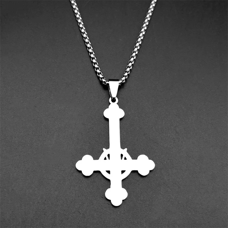 Gothic Punk Hexerei Pentagramm Umgekehrtes Kreuz Anhänger Halskette für Frauen Männer Edelstahl Silber Farbe Stern Kette Schmuck – Detail 7