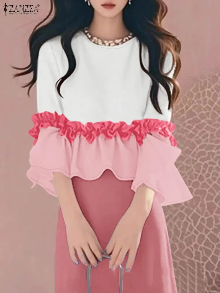 Elegant Ruffled Office Blouse ZANZEA Summer Women Tops Stylish 3/4 Flare Sleeve Work Shirt Patchwork Cropped Femme Tops Tunic