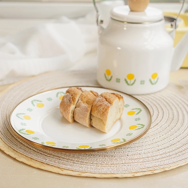 

Эмалированная обеденная тарелка с золотым ободком, толстая, в европейском стиле, для домашнего использования, некерамическая, с эмалевым покрытием, с растительным цветочным узором, круглая тарелка