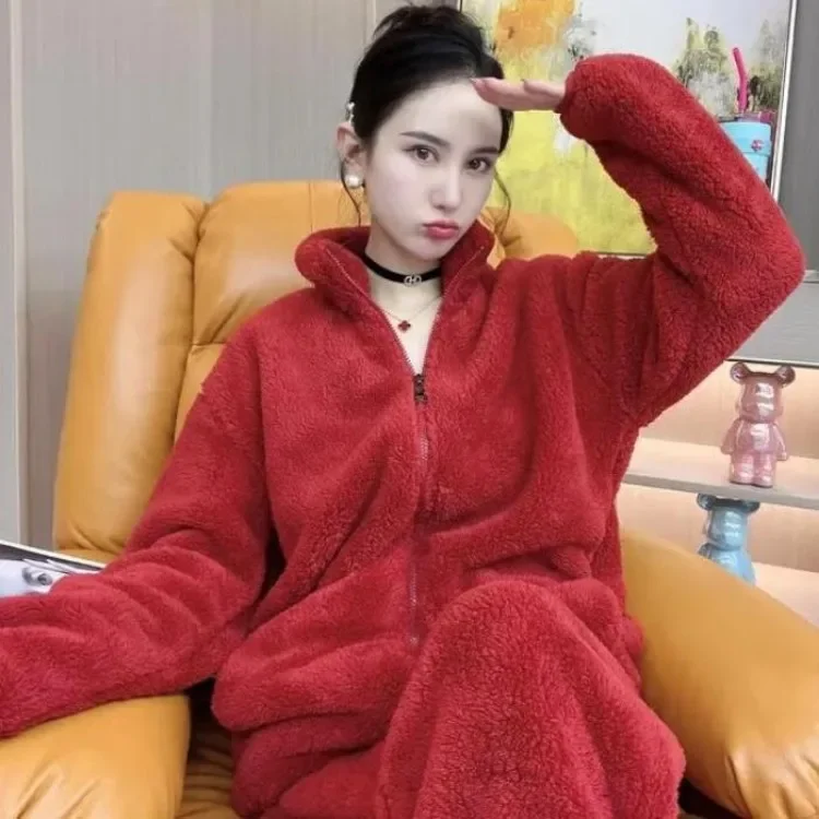 New Stylish Simple Warm and Loose Female Loungewear Zipper Stand Collar Pajama Velvet Padded Coral Velvet Homewear Suit