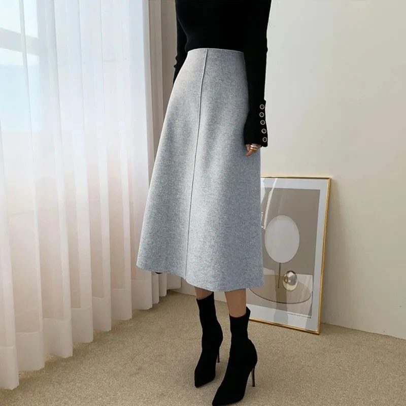 Woolen Skirt Autumn And Winter Skirts Womens A Line Skirt Elegant Long Skirts 2023 New High-Waisted Solid Color All-match Faldas