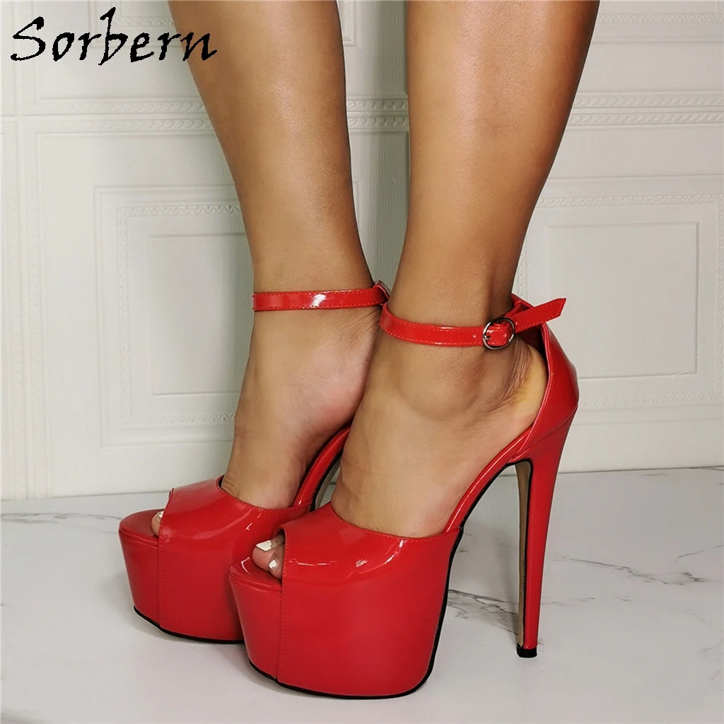 Sorbern Women Sandals Shoes Shiny Patent Buckle Straps Shoes Sandals Cutsom Color Sexy Party Pumps Shoes Peep Toe