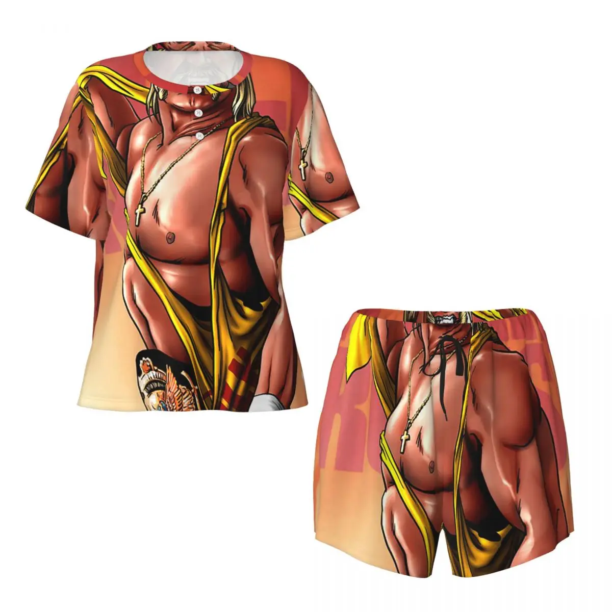 Hulk Hogan Hulkamania Camisón de manga corta con cuello redondo para dormir, conjunto de pijama holgado para mujer, pantalones cortos
