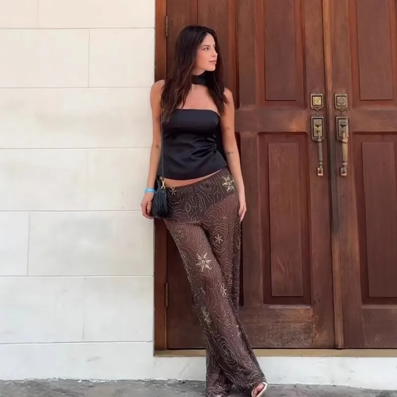 Female Sexy Sequins Beads Diamonds Snowflake Embroidery Tulle Pants Loose Brown Shiny Beading Mesh See Through Wide Leg Trousers