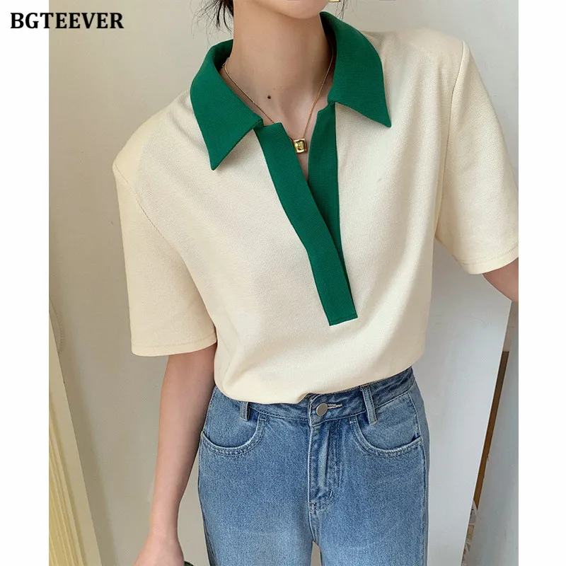 BGTEEVER Stylish Patchwork Women  Cotton T-Shirts Summer Loose Short Sleeve Casual Ladies Pullovers Tees Female Tops