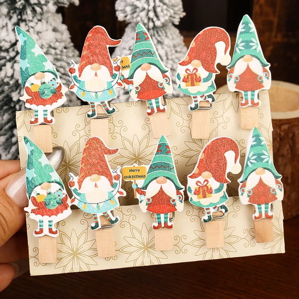 10PCS Christmas Wooden Cartoon Clip Santa Claus Snowflake Decor Clip DIY Memo Paper Art Card Clothespin Clip Party Home Decor