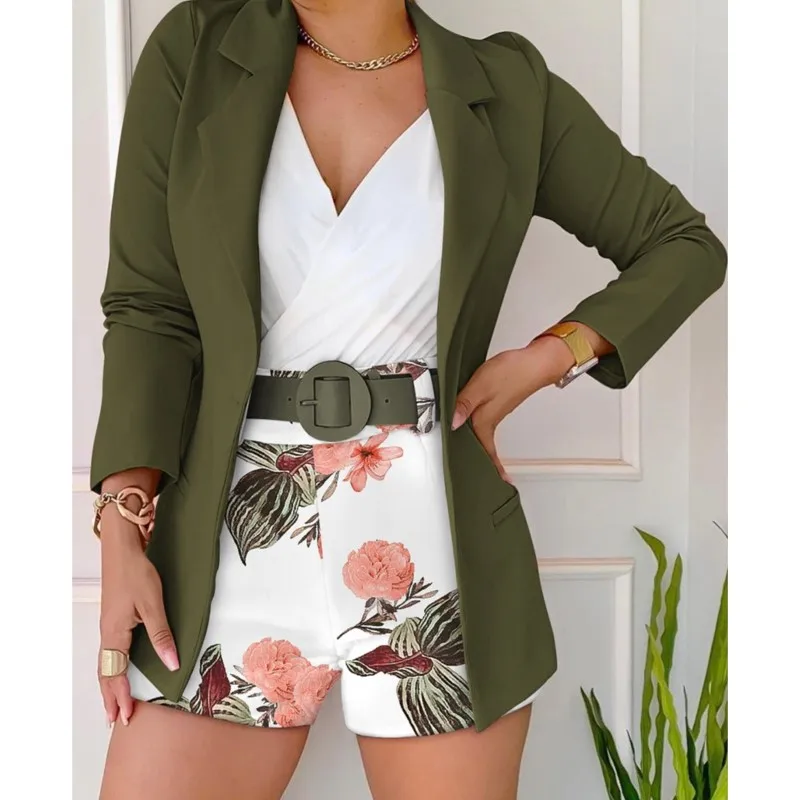 Casual Fashion Suit Short Sets Women Spring Summer Coat And Print Shorts Two Piece Sets Elegant Blazers Shorts With Belt Suits