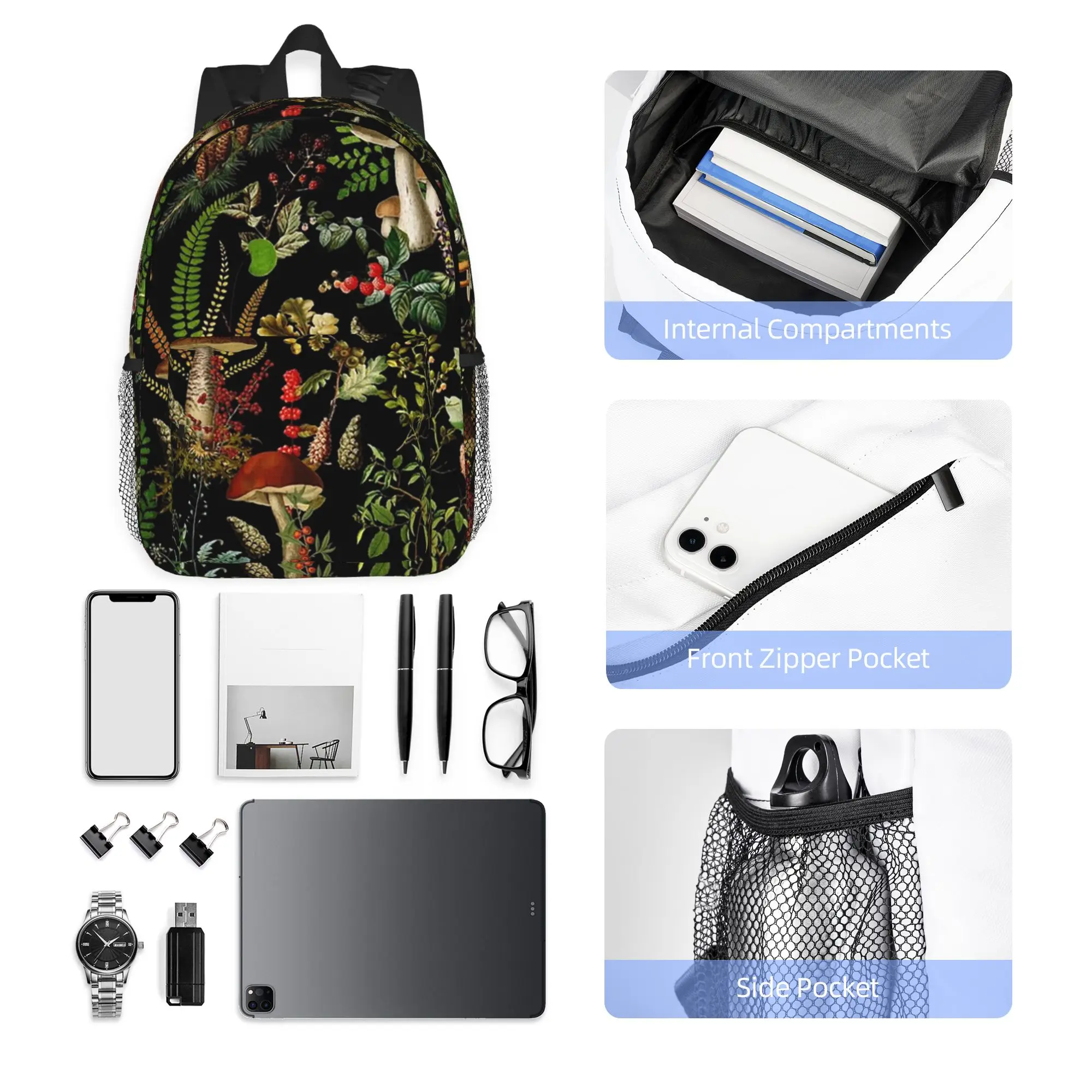 Midnight Mushrooms Forest Botanical Night Garden Backpack Hot Sale Daypack BookBag Shoulder Bags for Men Women School Bag