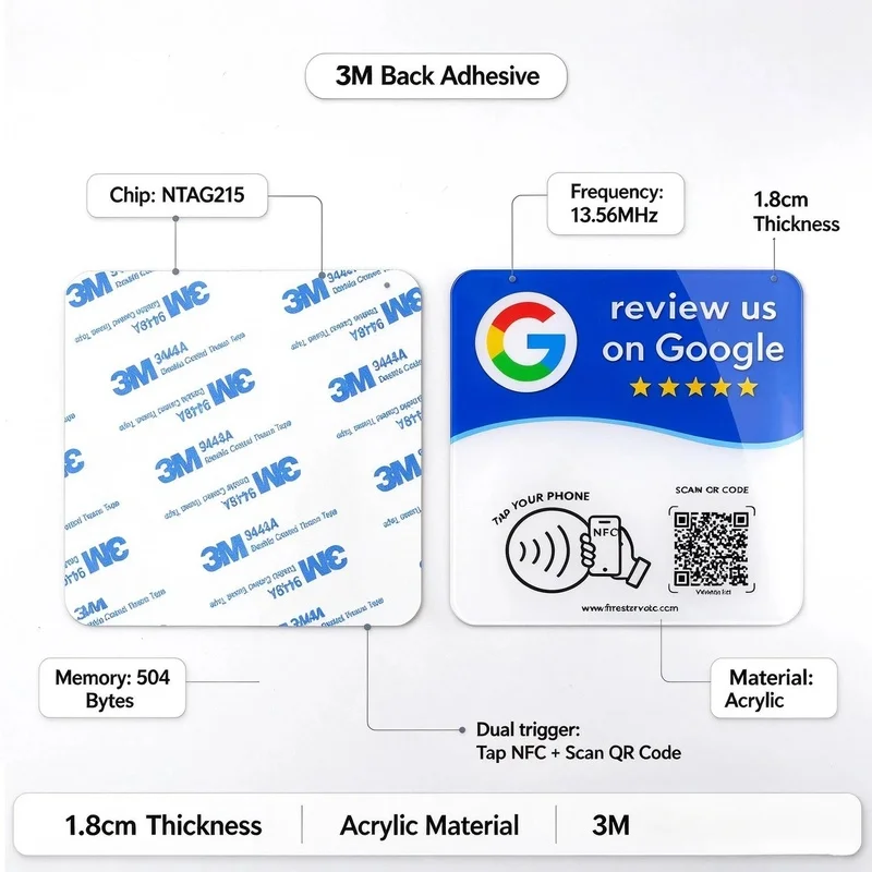 13.56MHz NTAG215 Acrylic NFC Stand Google Review Vertical Table Sign Tap To Use Editable Dynamic QR Code 1.8mm Thick