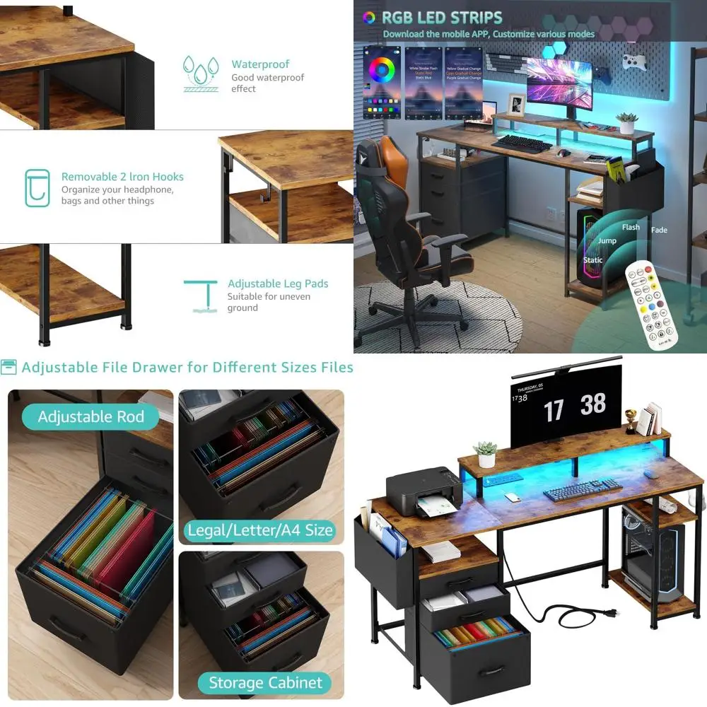 LED-Illuminated 55 Computer Desk with Power Outlets, Fabric Drawers, and Monitor Stand for Home Office and Bedroom in Rustic Bro