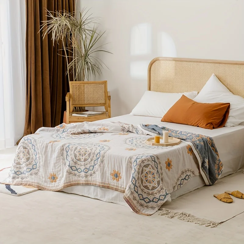 بطانية منشفة شاش موكا من القطن الخالص على الطراز الياباني - غطاء صيفي خفيف الوزن لتكييف الهواء والقيلولة للاستخدام الفردي/المزدوج