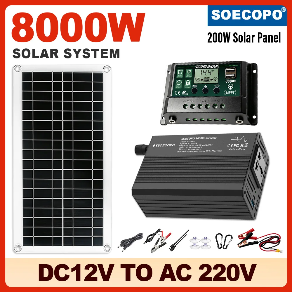 Outdoor Generation 8000W Solar Power System Kit Stable Inverter MPPT Controller Heat Resistant 300W Panel for Emergency Backup
