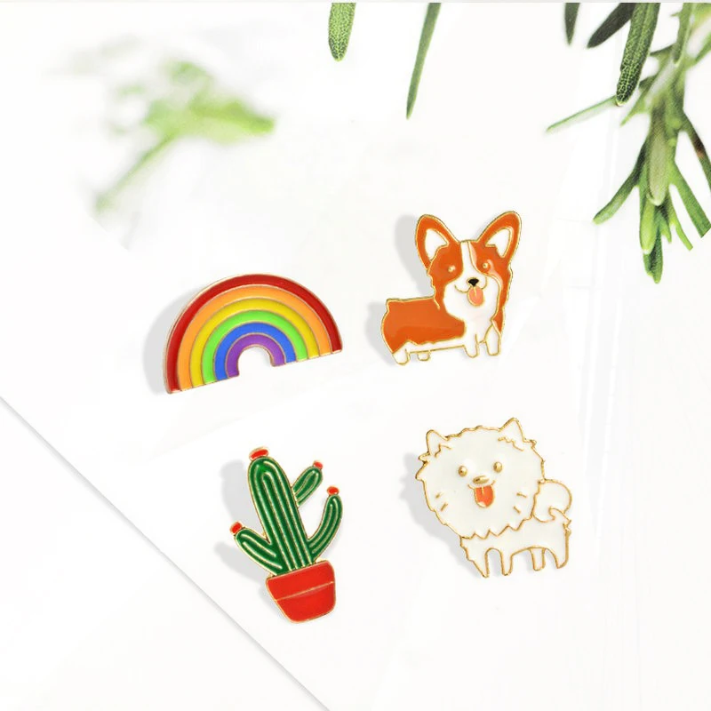 Cactus OK Gesture Clothes Lapel Pins Custom Badges Bag Gift for Kids Girl Funny Corgi Rainbow Enamel Brooch Cartoon Dogs Pines