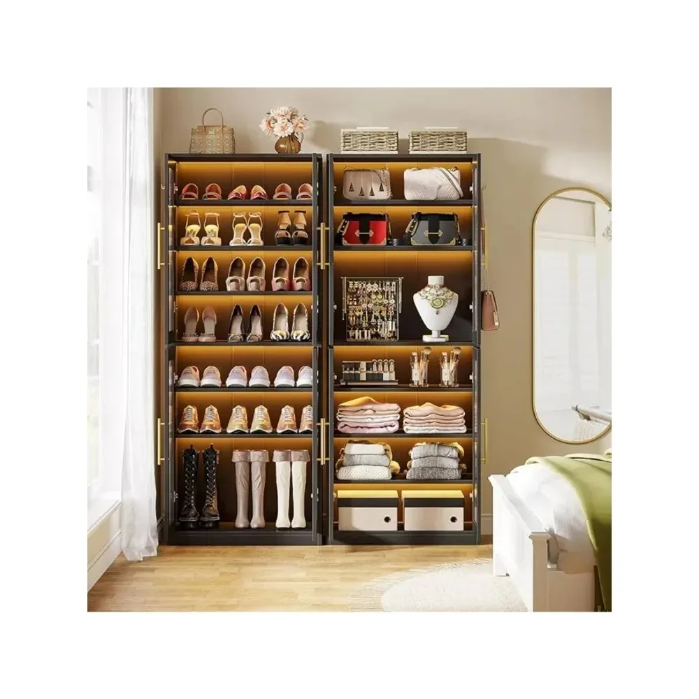 Tall Shoe Storage Cabinet with Acrylic Doors and LED Lights, 8-Tier Entryway Shoe Organizer Rack with Adjustable Shelves