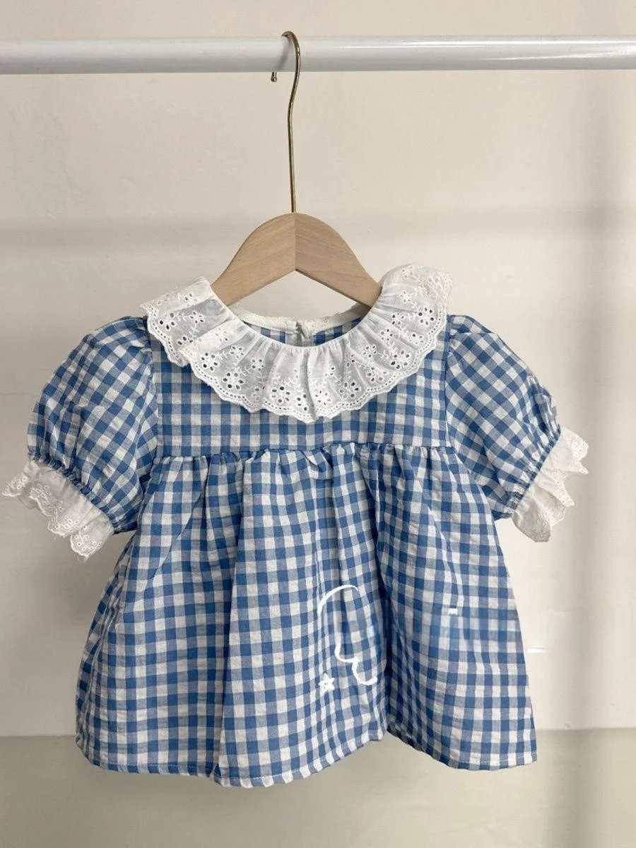 

Girls Summer Plaid Doll Bubble Sve Top And Flower Bud Pants Two Piece Set Korean Sle Cotton Blend Commute Friendly