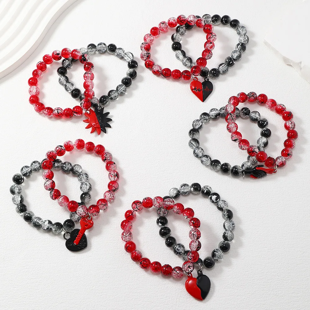 Black Red Sun Heart Key Popcorn Beads Friendship Matching Bracelets for Couple Best Friends Bff Spider Bracelet Jewelry Gifts