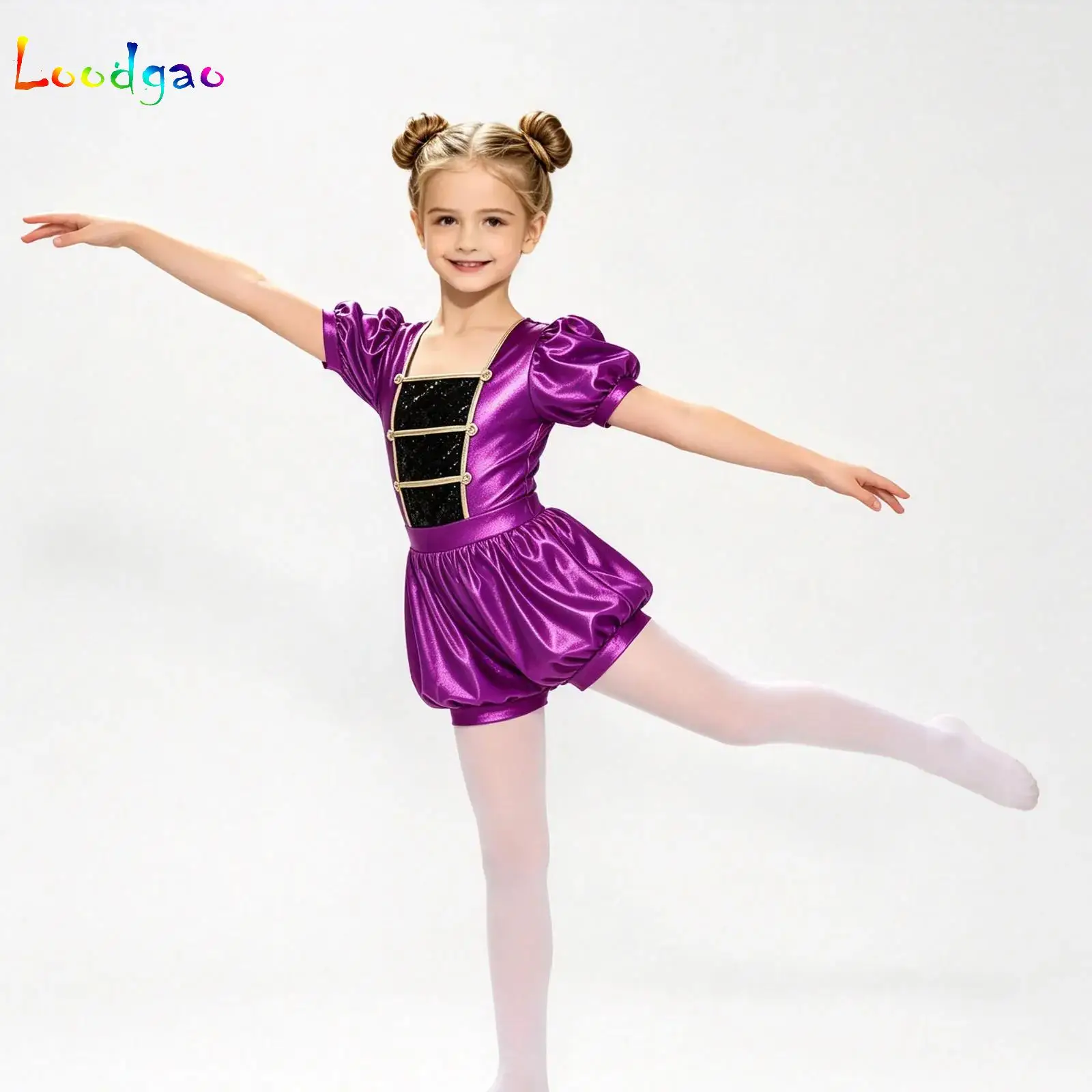 Girls Circus Costume Ringmaster Bodysuit Shiny Sequins Short Sleeve Color-blocked Leotard Jumpsuit for Halloween Fancy Outfits