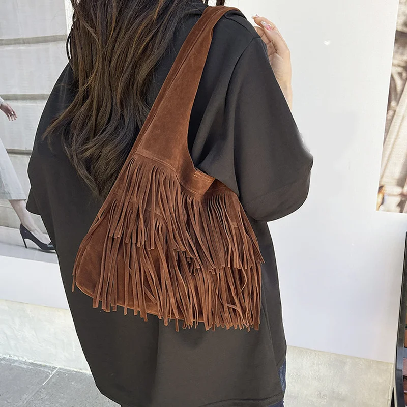 Wildleder-Quasten-Umhängetaschen aus hochwertigem Kunstleder, modische, geräumige, luxuriöse und beliebte Damen-Handtaschen, lässig, neu – Detail 6