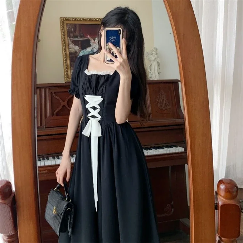 French Retro Dresses Women Square Collar Puff Sleeve Pleated Bandage Flattering Waist A-line Midi Princess Style Elegant Girls