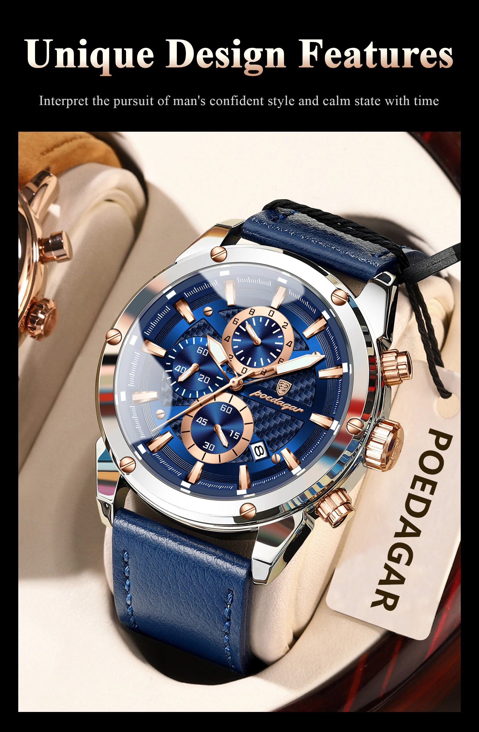 POEDAGAR Business-Mann-Uhr, wasserdicht, leuchtend, Chronograph, Datum, Original-Uhren für Herren, Leder, Luxus-Herren-Quarz-Armbanduhr – Detail 15