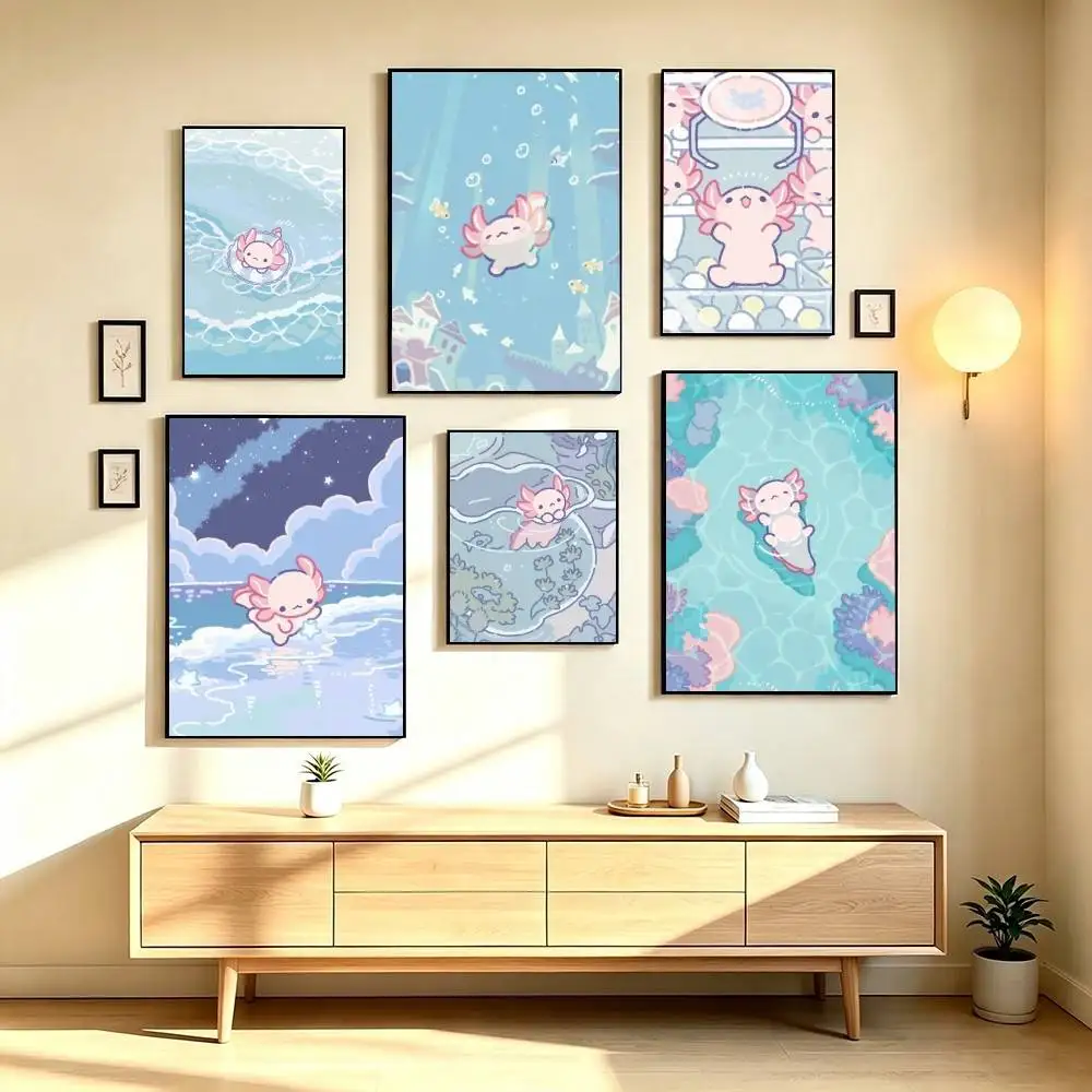 C-Cute Animal Axolotl Poster Waterproof Wall Art Sticker For Bar Living Room Vintage Decor High Quality Print Gift