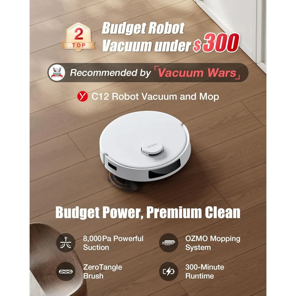 C12 Robot Vacuum Cleaner and Mop, 8000Pa Strong Suction, ZeroTangle Brush, Smart Navigation, Self-Charging, White