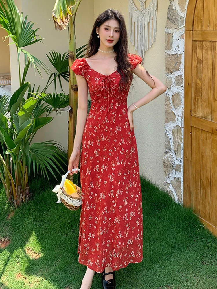 夏の女性の花柄プリントパフスリーブ折り目Aラインマキシロングドレスパーティー誕生日デートビーチボヘミアンローブストリート服カジュアル