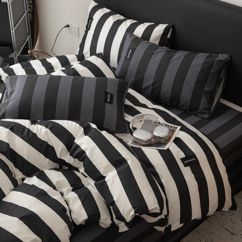 

White and black Stripe Bedding Set simple style For adults kids Brown pink Bed Sheet With Pillowcases 100% Cotton Full size