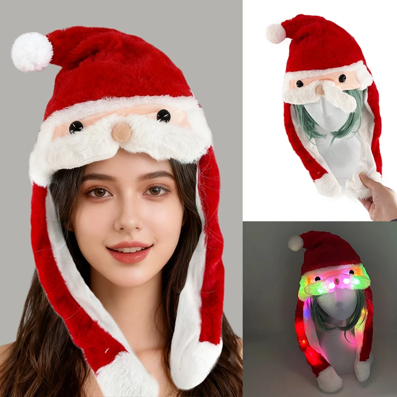 Gorro de Papá Noel de felpa brillante con orejas móviles, gorros bonitos para Cosplay, gorro de Navidad de felpa luminoso para niños, mujeres y niñas, regalo de Navidad