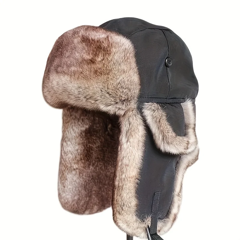 Winterwarme Bombermütze für Männer und Frauen, Schneekappe, Kunstpelz, russische Uschanka-Trapper-Hüte mit Ohrenklappen für Outdoor-Jagd, Skifahren – Detail 5