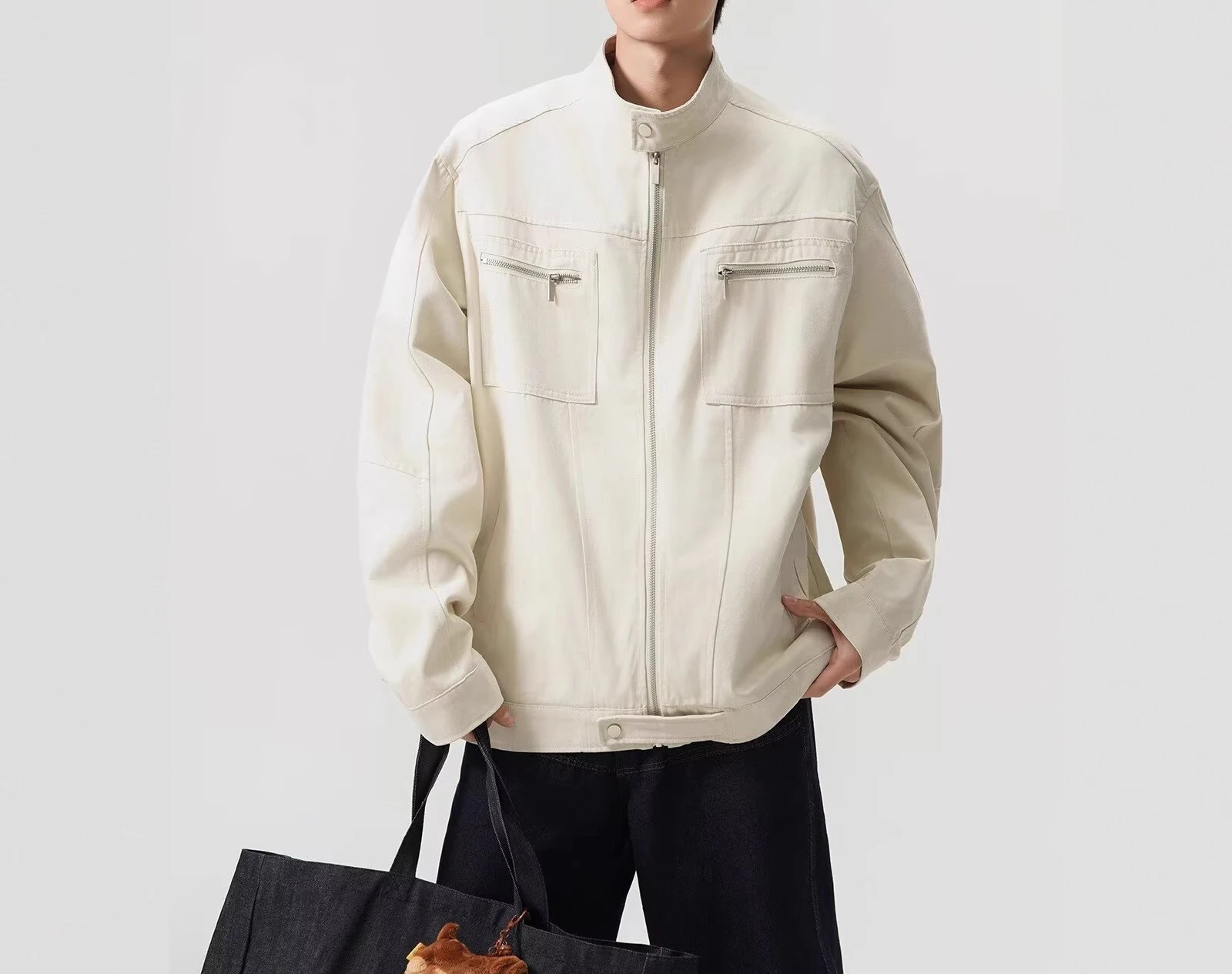 Washed Canvas Jacket Men's 2026 Spring and Autumn Short Stand-up Collar Tooling Jacket