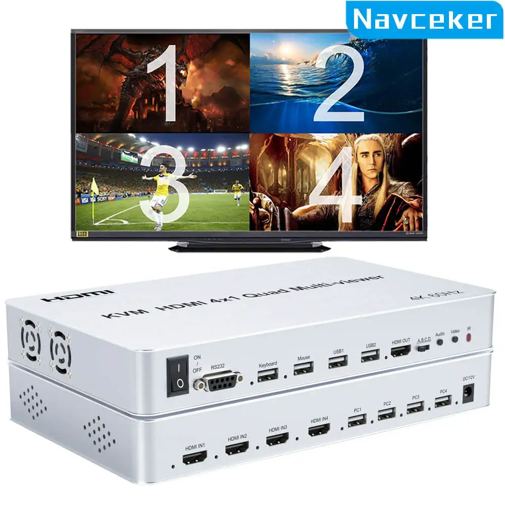 Navceker 4K 60Hz HDMI KVM Switch 4x1 Quad Multi Viewer 4 in 1 Out KVM HDMI Screen Multiviewer for 4 PC Share Mouse Keyboard