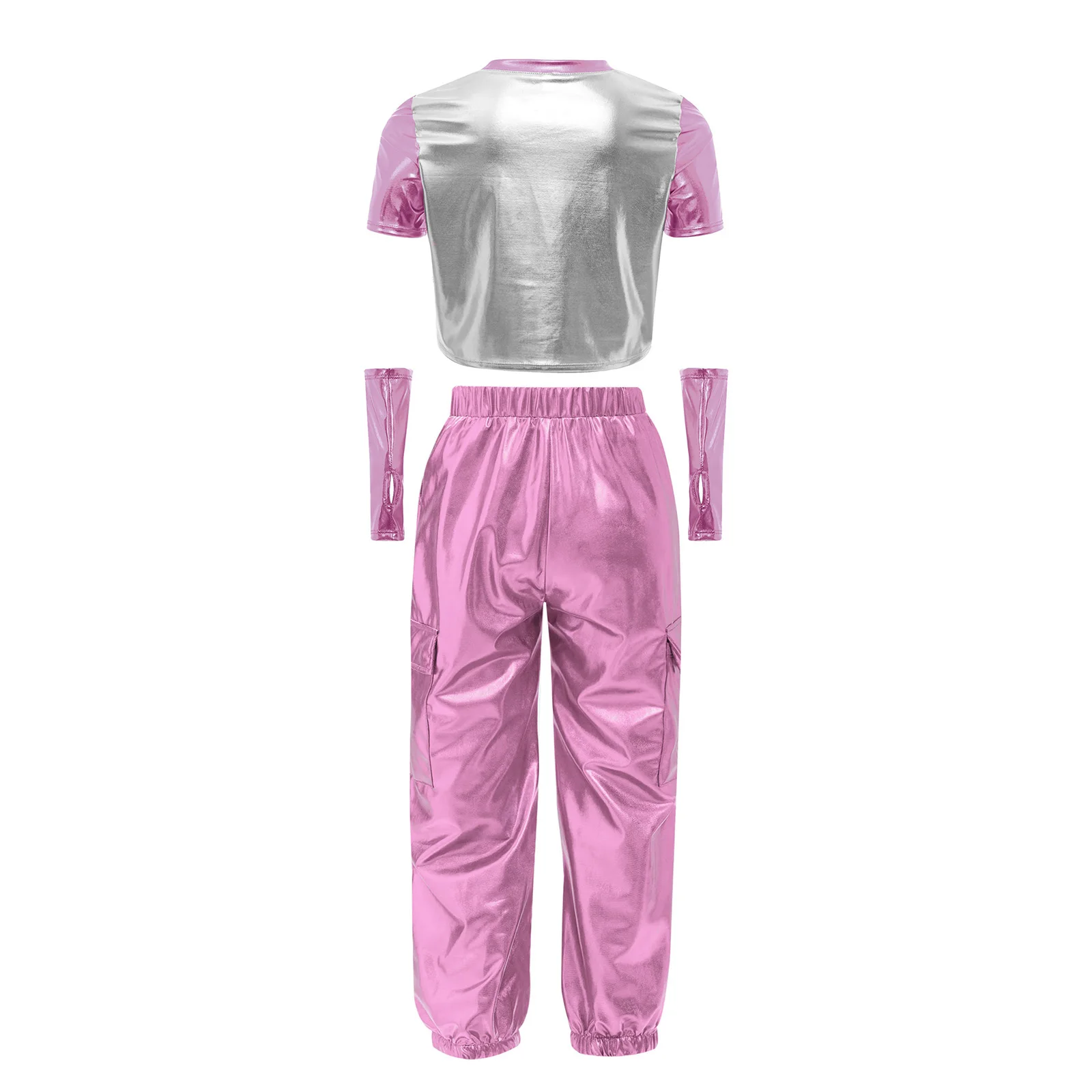Girls Jazz Hip-Hop Street Dance Costume Metallic Shiny Cutout T-shirt Top Gloves Cargo Pants School Stage Performance Outfits