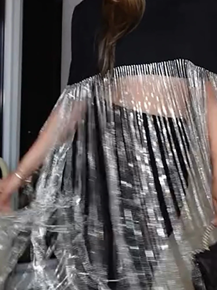 

Women's Casual Shining Solid Color Loose Tee Fashion Stand Collar Cape Pullover Tops Elegant Tassels Splicing Club Party Blouse