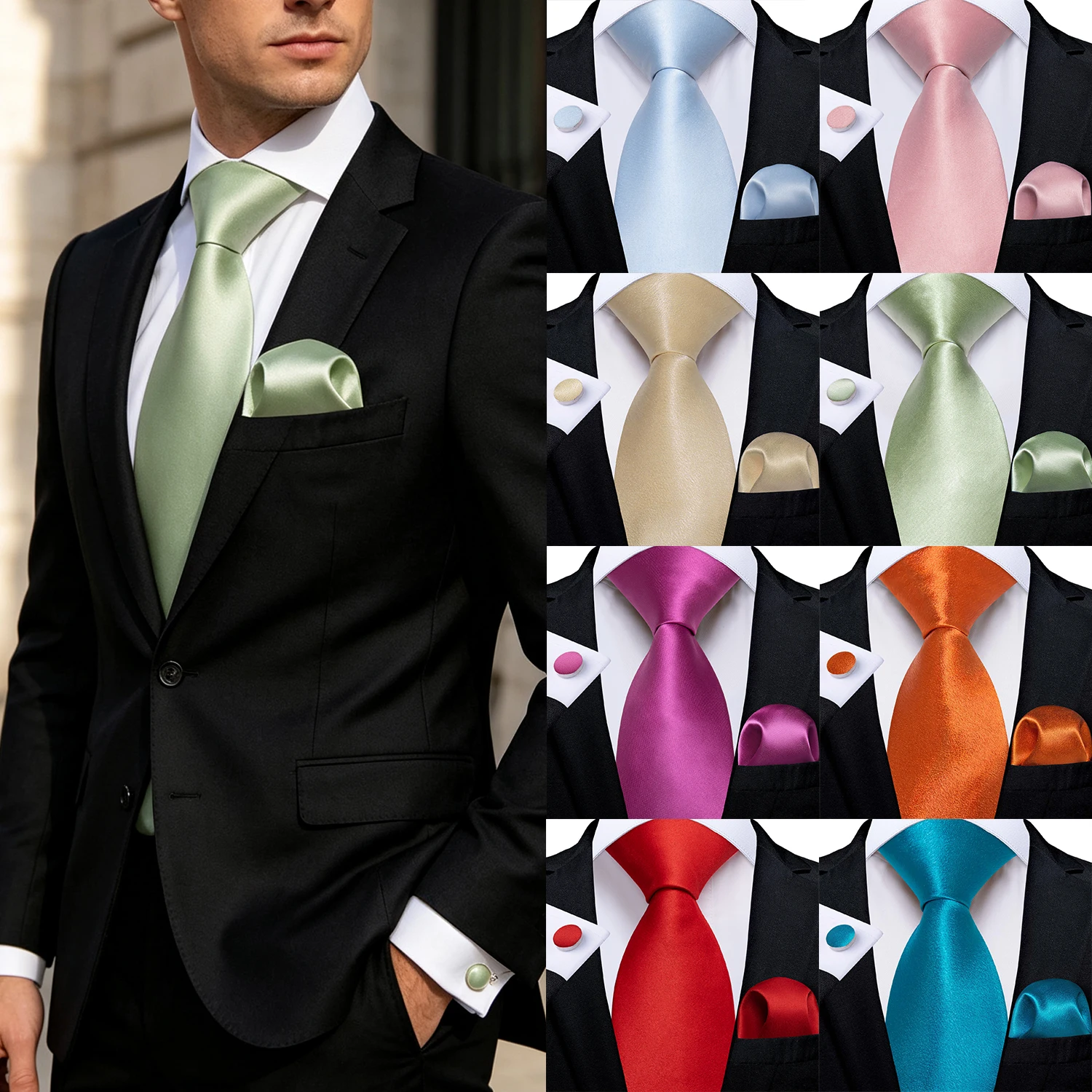 Mens Solid Color Tie 3pcs Set, With Pocket Square And Cufflinks, Suit Accessories For Business Wedding Office Formal Occasions