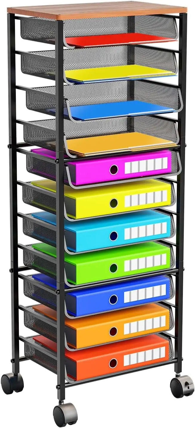 

12-Tier Rolling File Cart with Wood Top & Sliding Trays - Mobile Office Organizer for Documents, Books, Supplies