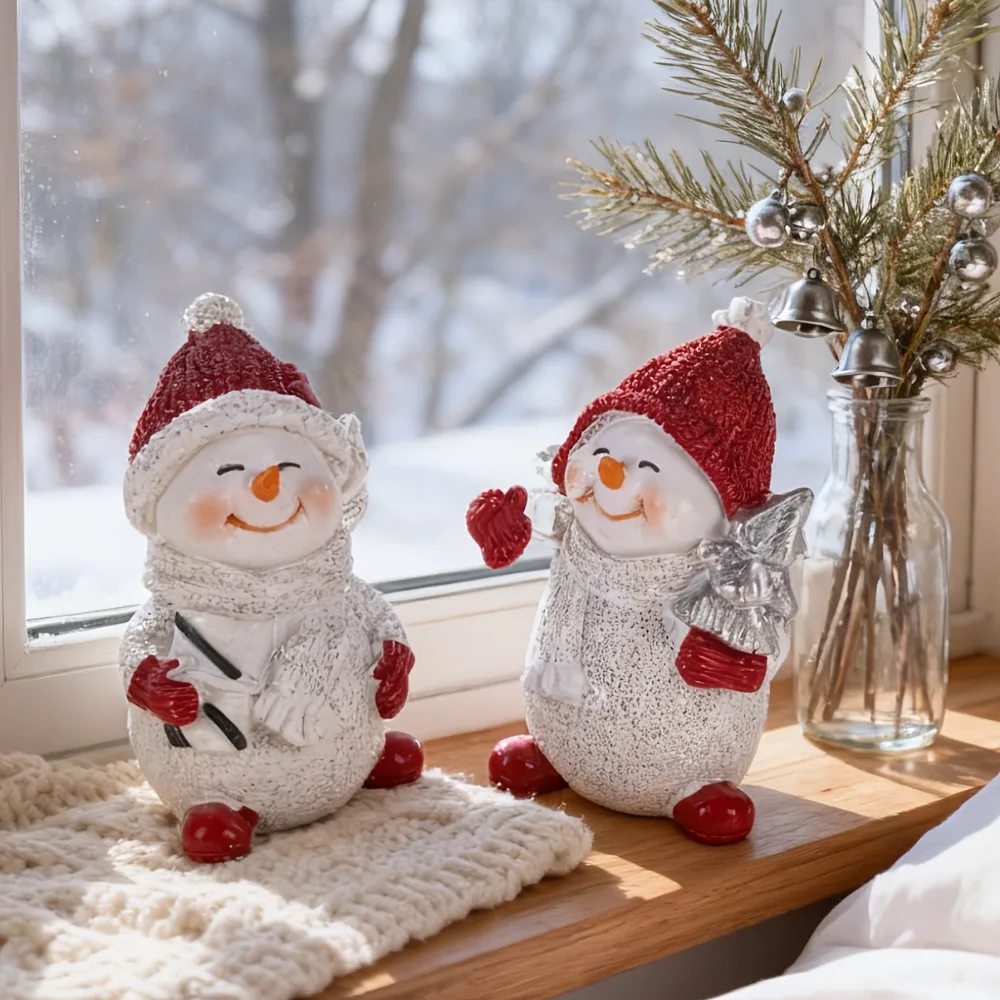 2pcs/set Christmas Snowman Doll Statue Ornaments Couple Snowman Resin Craft Home Decoration Christmas Gifts Birthday Gift