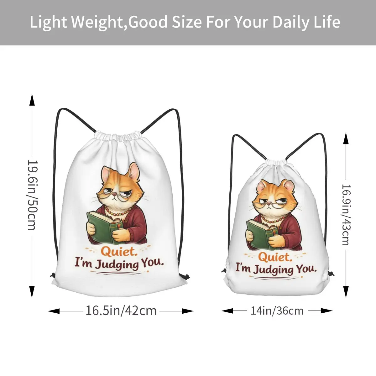 Quiet. I'm Judging You Bookworm Cat Backpacks Fashion Drawstring Bundle Pocket Sundries Bag Book Bags for Travel Students