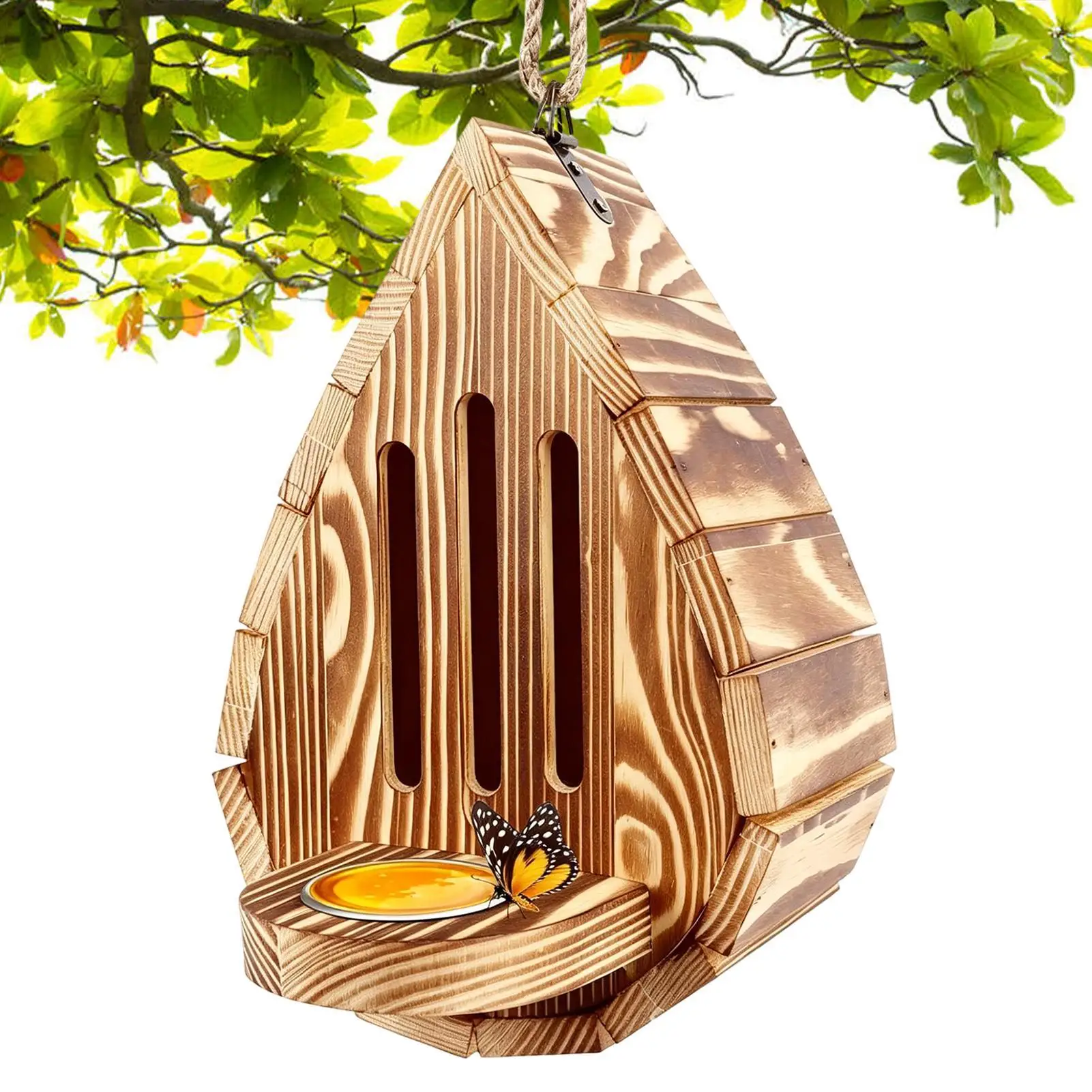 1pc Hanging Wood Bee House Butterfly Feeder with Rope Decorative Bee Nesting Box Multifunctional Moth Habitat for Garden Balcony