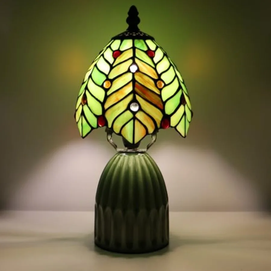 

Stained Glass Mushroom Table Lamps 6X6X12.5 Inch Green Coconut Leave Style Small Night Light Ceramic Base Mini Accent Desk Ligh
