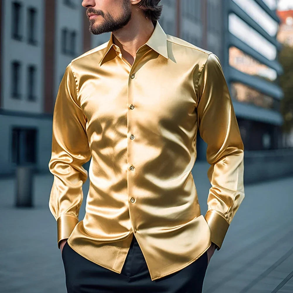 Elegant Satin Silk Men\'s Dress Shirt Slim Fit Long Sleeve for Parties and Special Occasions (105 characters)