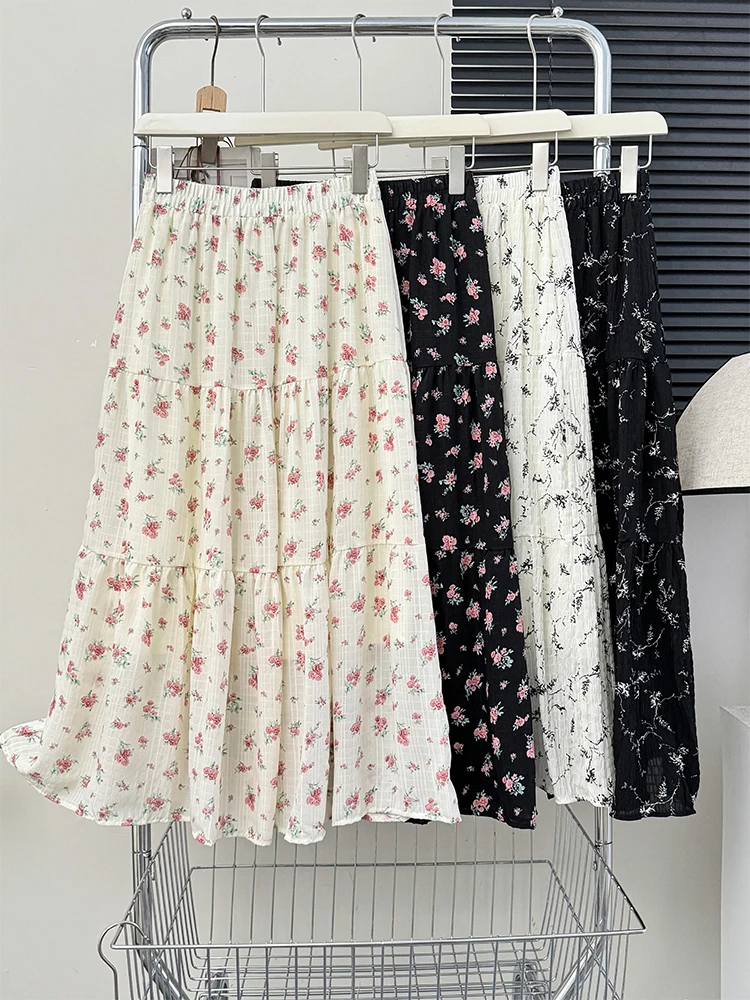 

Korejepo Gentle Sweet Floral Pleats Skirts Loose Skirt Women Summer High Waisted Layered Cake Large Swing Holiday Fairy Bottoms