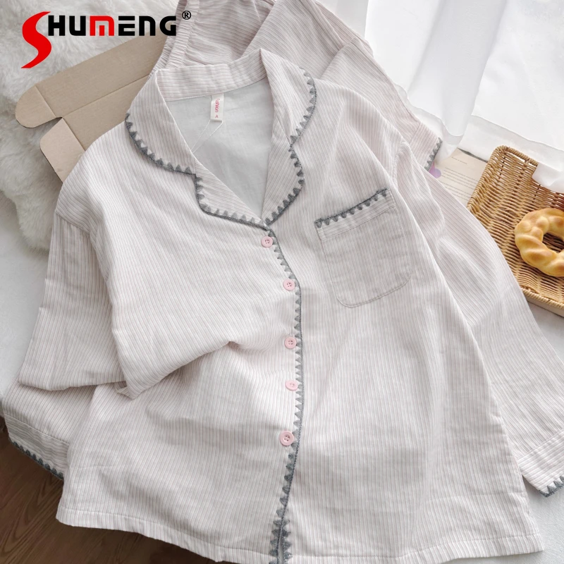

Spring Autumn Pink Striped Women's Homewear Fabric 100% Cotton Pajamas Female Japanese Style Pure Cotton Two Piece Set
