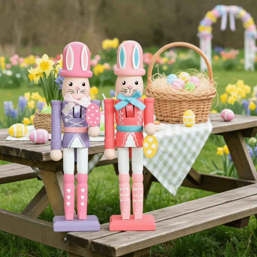 

18 CM Easter Rabbit Nutcracker Realistic Smooth Wooden Bunny Statue Collectible Handmade Nutcracker Figures Table Centerpiece