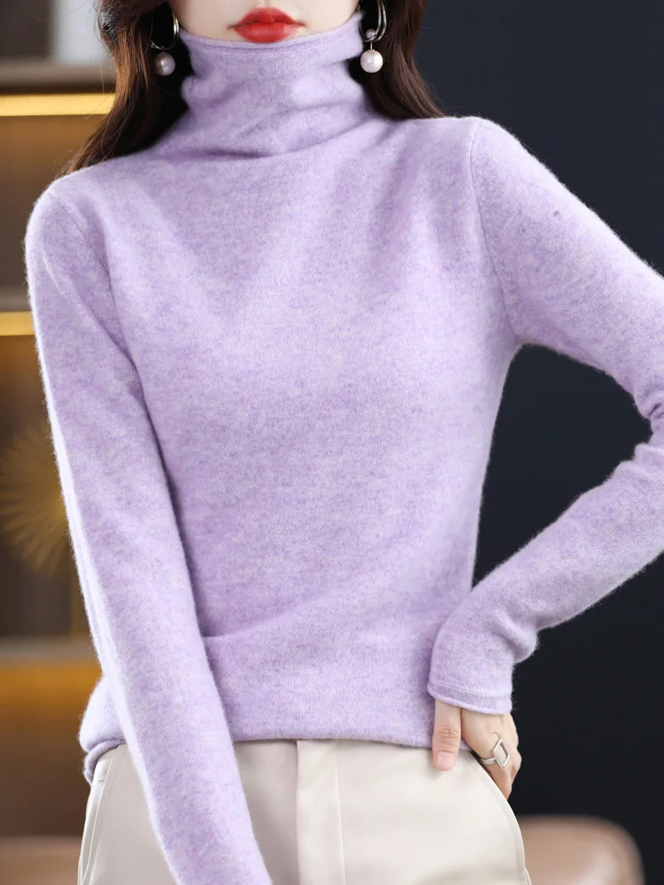 

2024 New Spring Autumn 100% Merino Wool Women' Pullover Turtleneck Long Sleeve Sweater Soft Simple Style Casual Clothing Tops