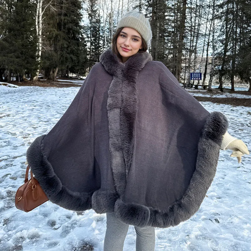 ジャケット・アウター CN Foxey Knit Cape Fashion Elegant Faux Fur Trims Knit Cape Hooded Long Big Outerwear
