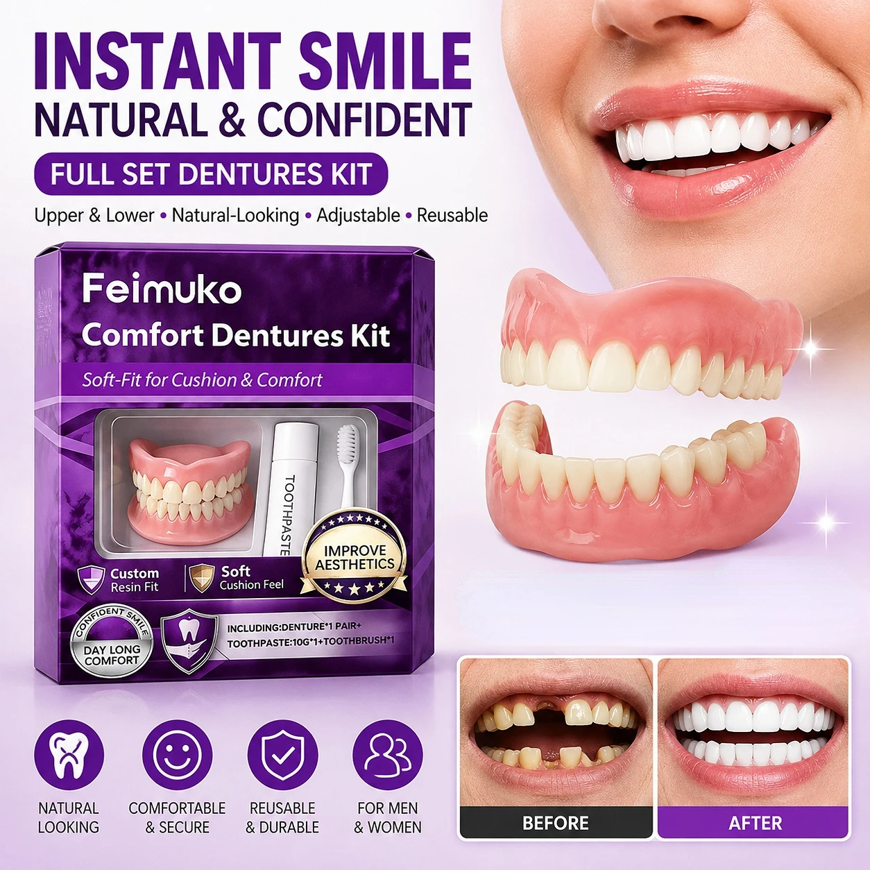2026 NEW Natural-Looking Silicone Full Denture Set (Upper & Lower) Comfortable Adjustable Instant Smile Oral Care for Men Women