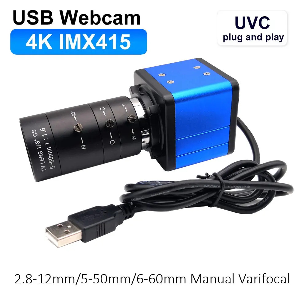 HD 4K 8MP USB Webcam 2160P Live Streaming USB Camera 5-50mm/6-60mm CS Manual Varifocal Zoom Lens UVC Plug and play Free Driver